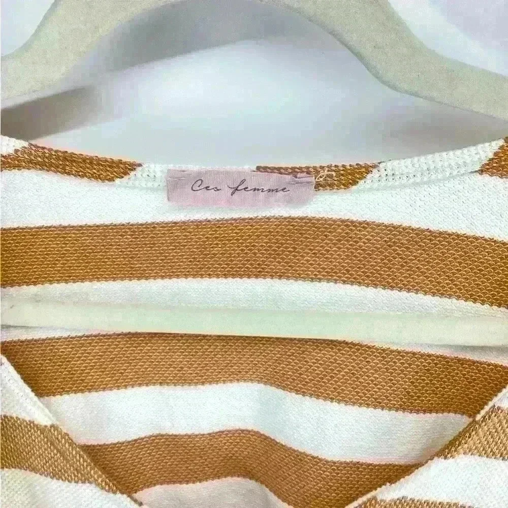 XL CES FEMME Women Fall Stripe Top Long Sleeve Orange White A8 - Picture 3 of 7
